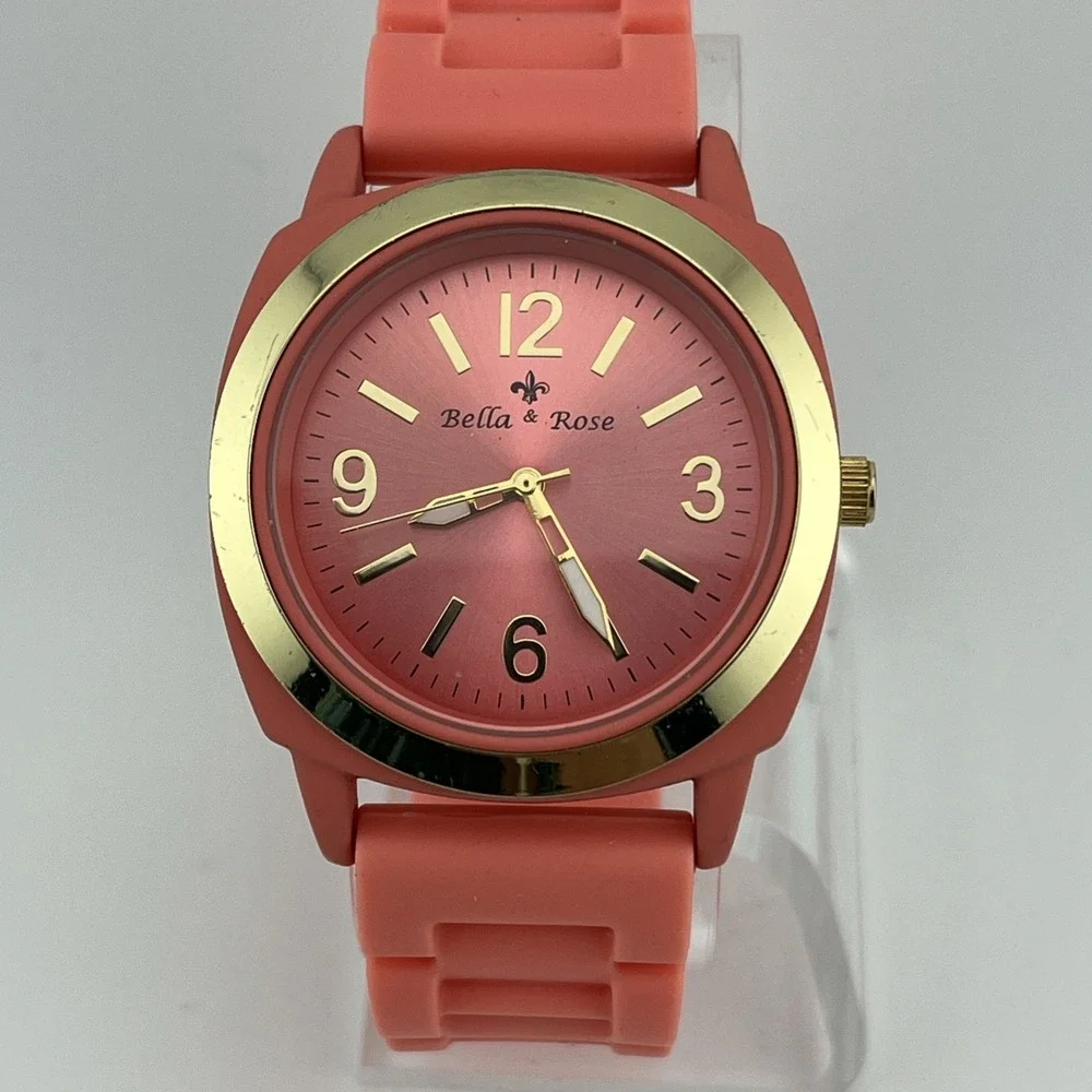 Bella & Rose Watch Women 40mm Case‎ Pink Silicone Band- New Battery